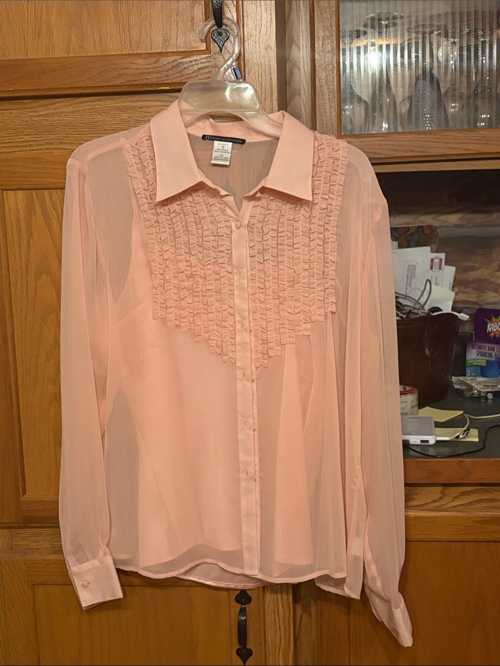 Light Pink Ruffle-Front Sheer Blouse with Point Collar
